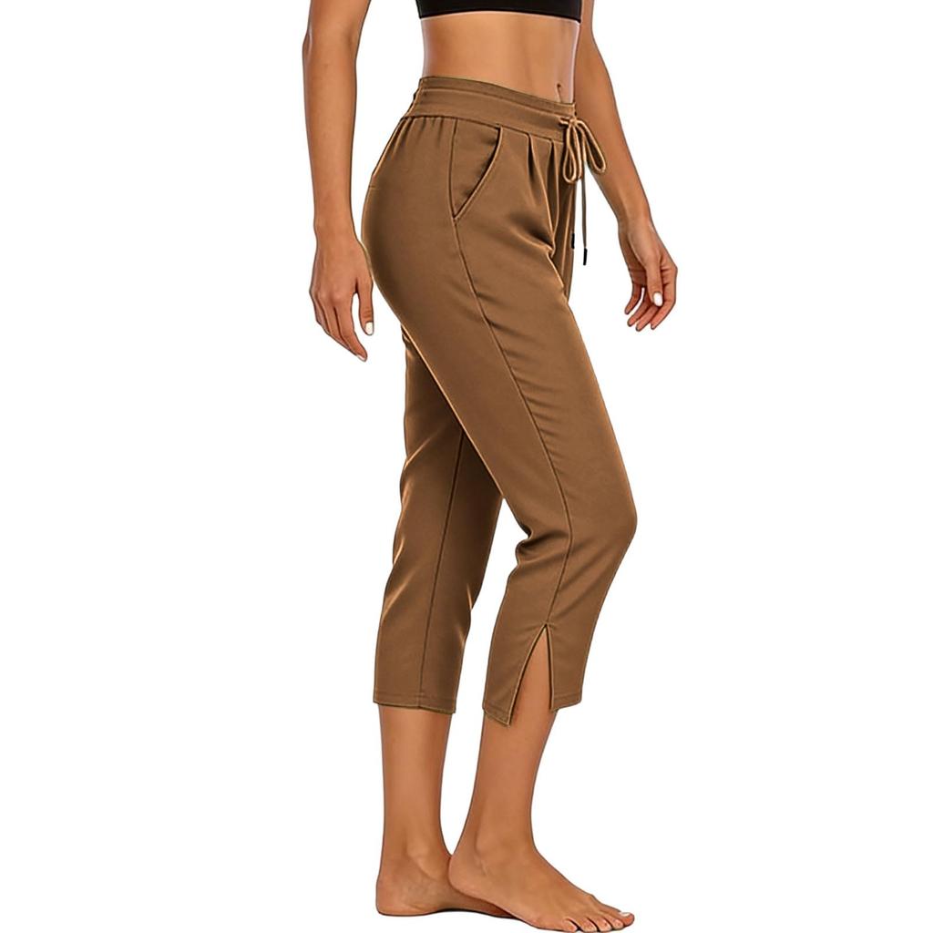 Women's High Waist Split Hem Capri Pants Casual Sporty Gym Workout Yoga Lounge Pants with Drawstring Waist and Side Pockets