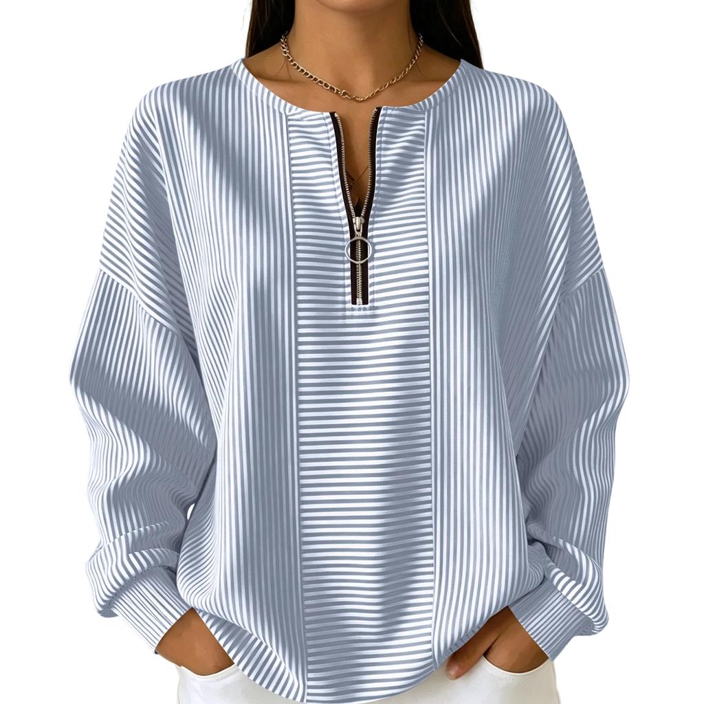 Women Striped Crew Neck Half Zip Loose Fit Long Sleeve Pullover Top Casual Lightweight Comfortable Blouse for Daily Wear