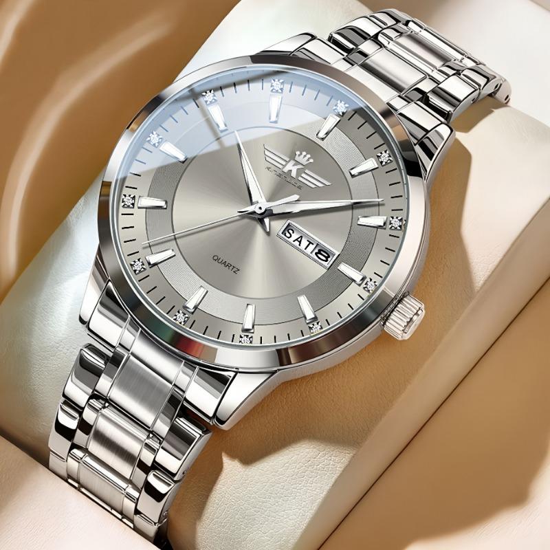 Top Brand New Men's Steel Band Waterproof Quartz Double Calendar Watch Luminous Scale Cross-Business Wristwatch