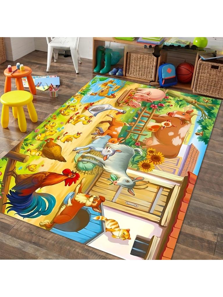 Cartoon Farm Animal Carpet Mat - Children's Room Game Room Bedroom Carpet Decoration Colorful Chicken Pig Cow Pattern Carpet