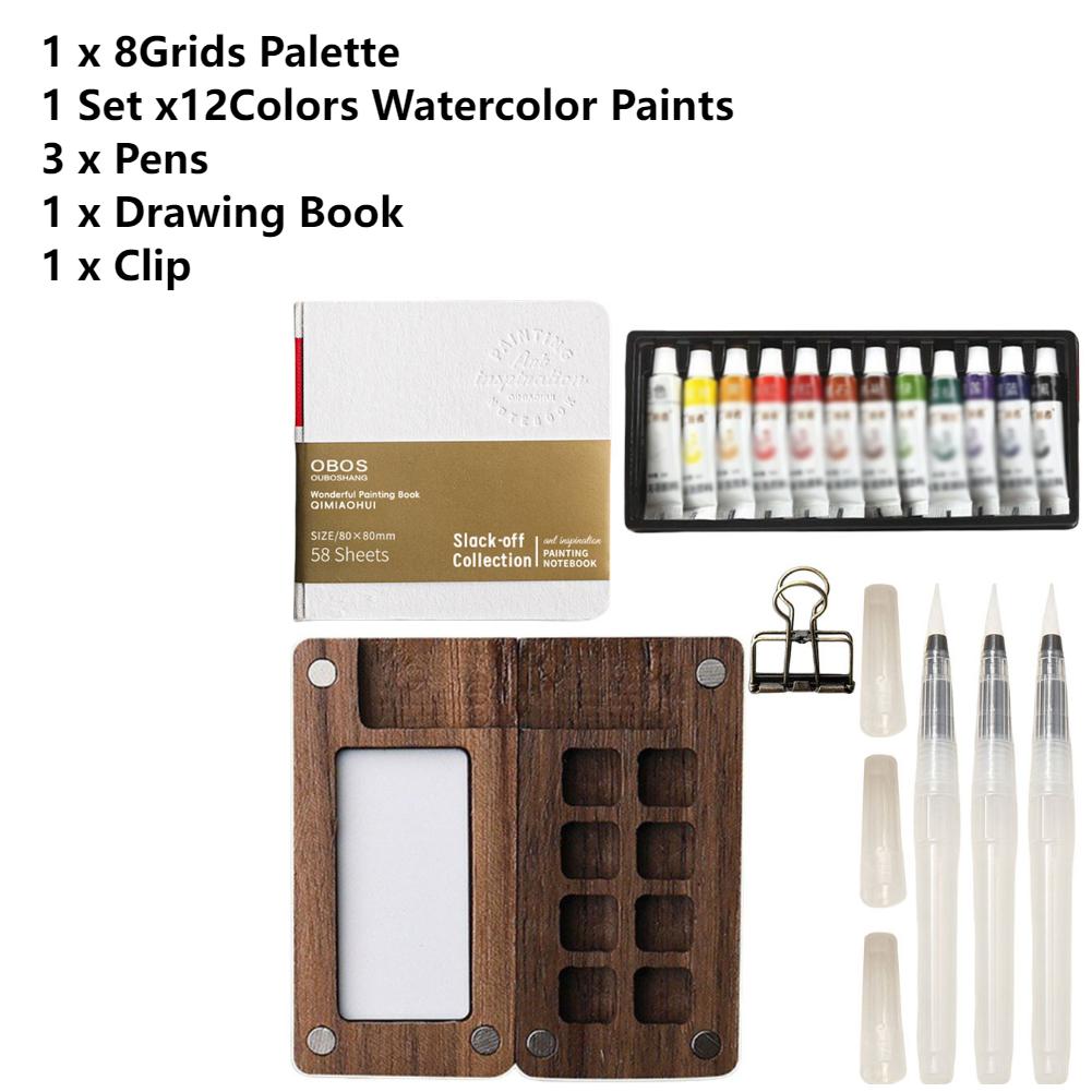 New Mini Watercolor Paint Set Portable Pocket Artist Travel Art Painting Kit with Clip Wooden 8/15 Grid Box Miniature Color Set