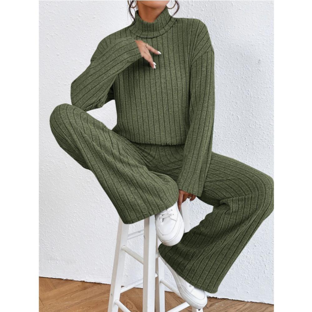 Completo casual da donna in 2 pezzi, felpa a collo alto in maglia a maniche lunghe e set di pantaloni larghi per autunno inverno