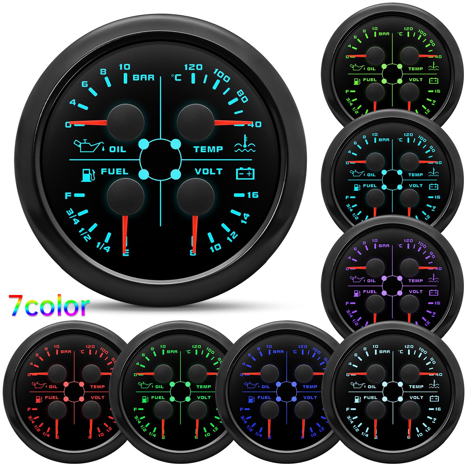 

7 Colors LED 85mm 4 in 1 Gauge Oil Pressure Gauge Water Temperature Fuel Level Voltmeter NPT 1/8 Temp Sensor Fuel Float Sensors чорний
