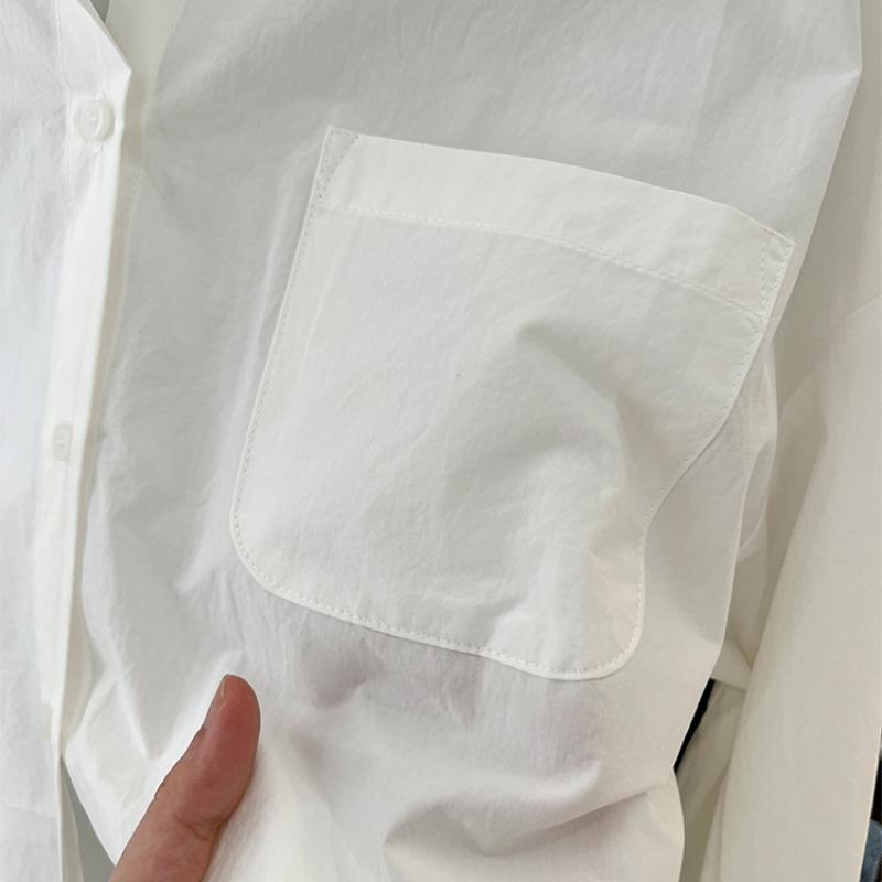 Polo-Kragen Langarm Baumwolle Freizeitblusen für Damen Mode Neu Uni Mittellang Sonnenschutzhemden Damen Locker Büro Damen Weißes Hemd Oberteile 25348
