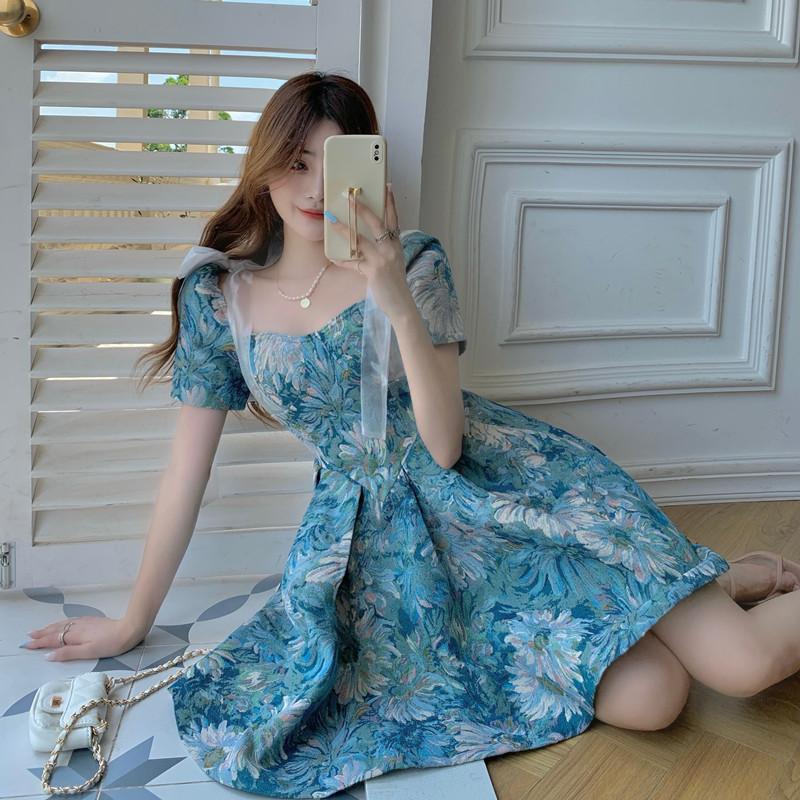 Summer New Bow Short-sleeved Waist Puffy Dress for Women