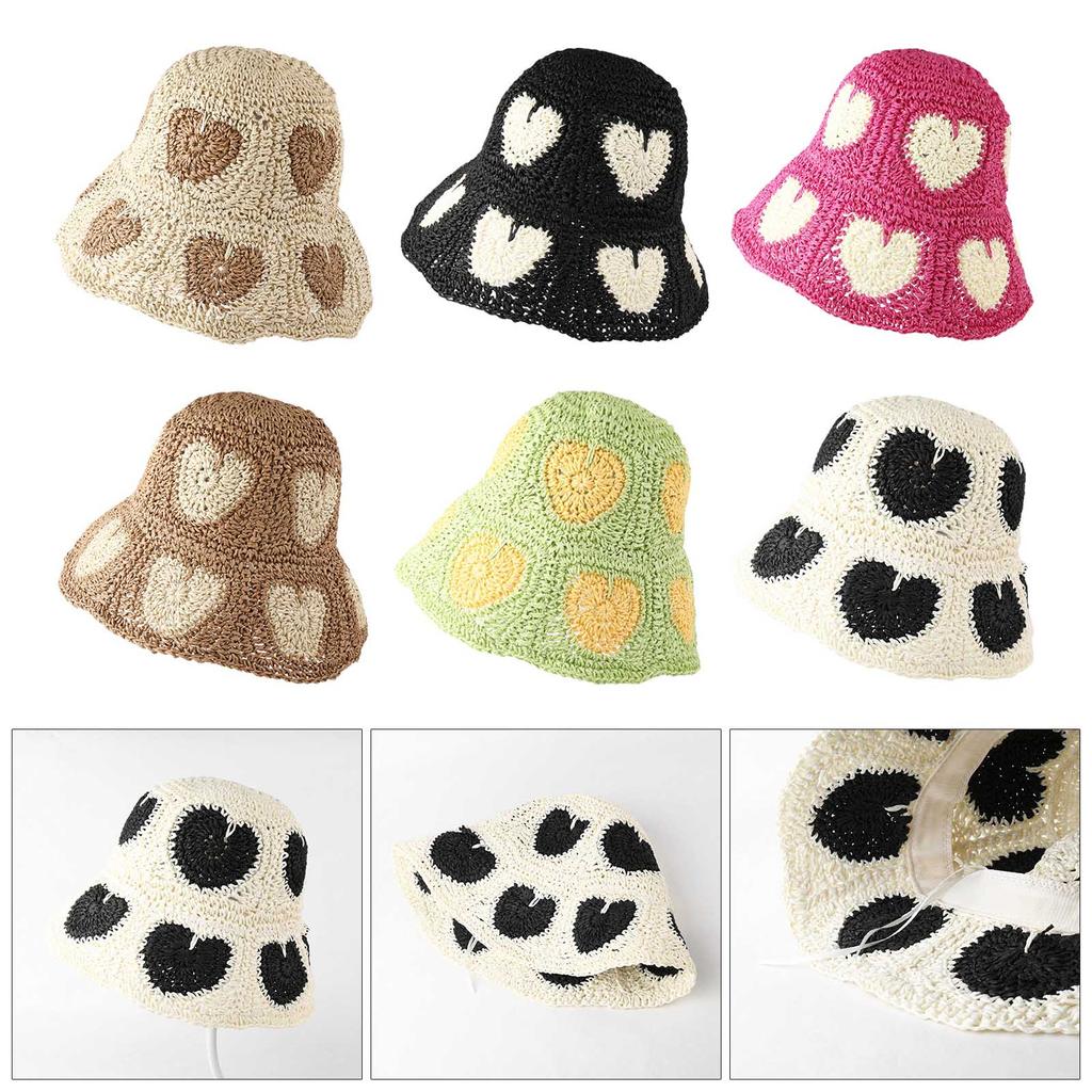 Handmade Bucket Hat Elegant Straw Beanies Colorful Cloch Style for Women Party Heart Hat Lady Knitted Bucket Hat
