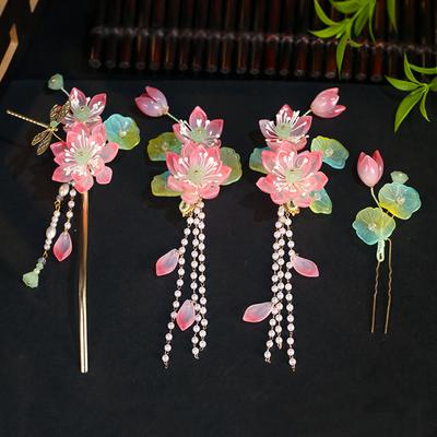 4 pièces/set Ensemble de pinces à cheveux Fleur de pêcher Vintage Résine Accessoires pour cheveux pour femmes Style chinois ancien Bâtonnets à cheveux Ornements de cheveux