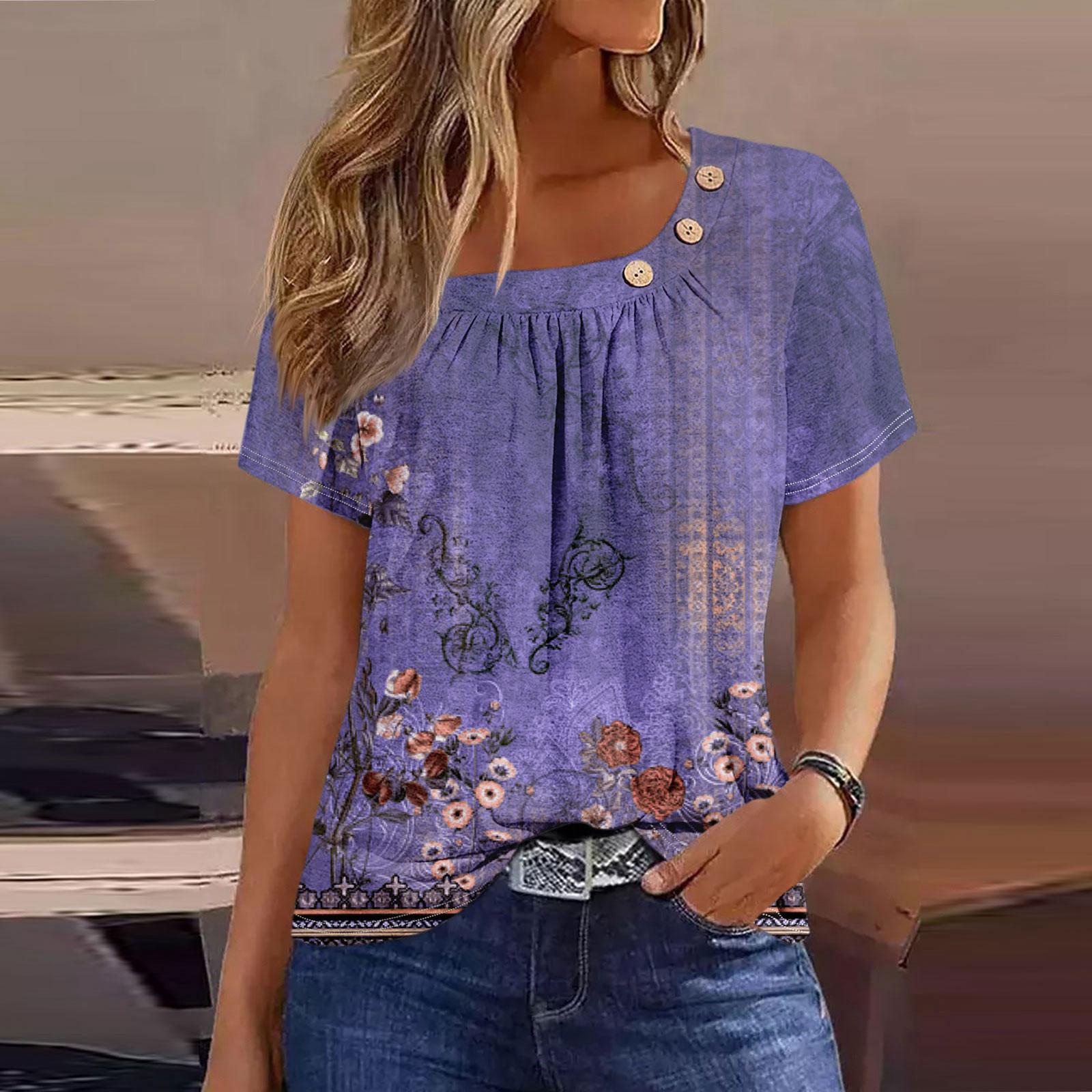 

Летние топы для женщин. Удобные женские топы с круглым вырезом и короткими рукавами. Футболки с принтом для женщин. XL фиолетовый