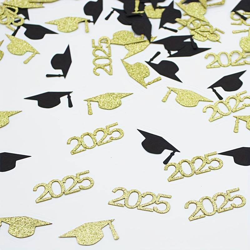 100pcs 2025 Black & Golden Graduation Cap Confetti -Elegant Paper Scatter Decor for Graduation Party, Celebratory Event Supplies