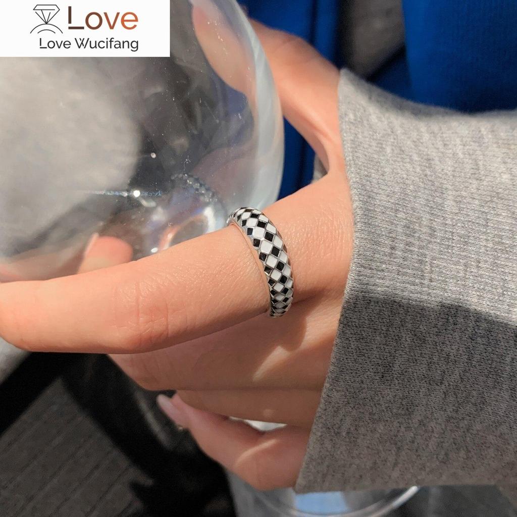 S925 Sterling Silver Checkerboard Ring Female Niche Design Light Luxury Fashion Personality  New High -Level Sense