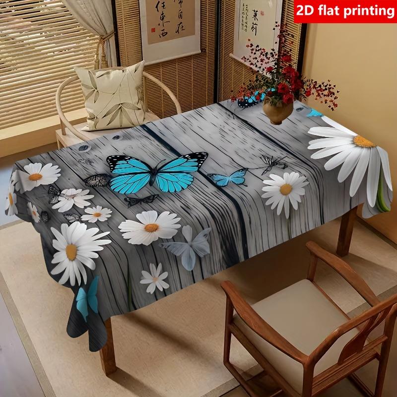 2D Flat Printing, 1pc Gray Forest Style Daisy Printed Tablecloth, Durable Polyester Tablecloth, Tablecloth with White Daisies And Blue Butterflies, Sq