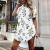 Women Plus Size White Floral Printed Collared Short Sleeve Button Front Curved Hem Shirt Dress