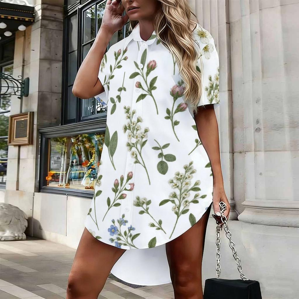 Women Plus Size White Floral Printed Collared Short Sleeve Button Front Curved Hem Shirt Dress