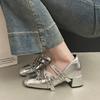 French Style Height-enhancing Silver Bow Design Thick-heeled Lizhen Shoes for Women  2025  New Spring Retro Ballet Pumps