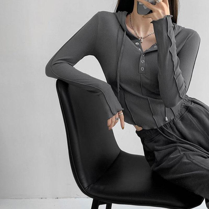 Slim Hoodie Grey Short Top High Waist Navel Exposed American Hottie Pure Desire Pressed Pleated Long Sleeve Thin T-shirt