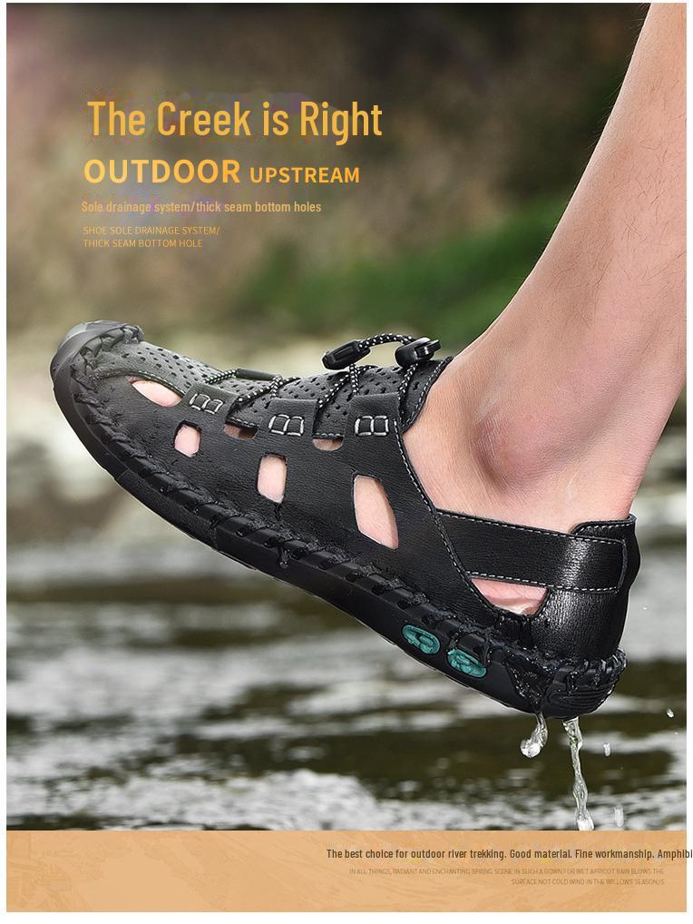 Atmungsaktive Sommer-Strandsandalen 2024 aus echtem Leder für Herren – weiche Sohle, hohles Design.