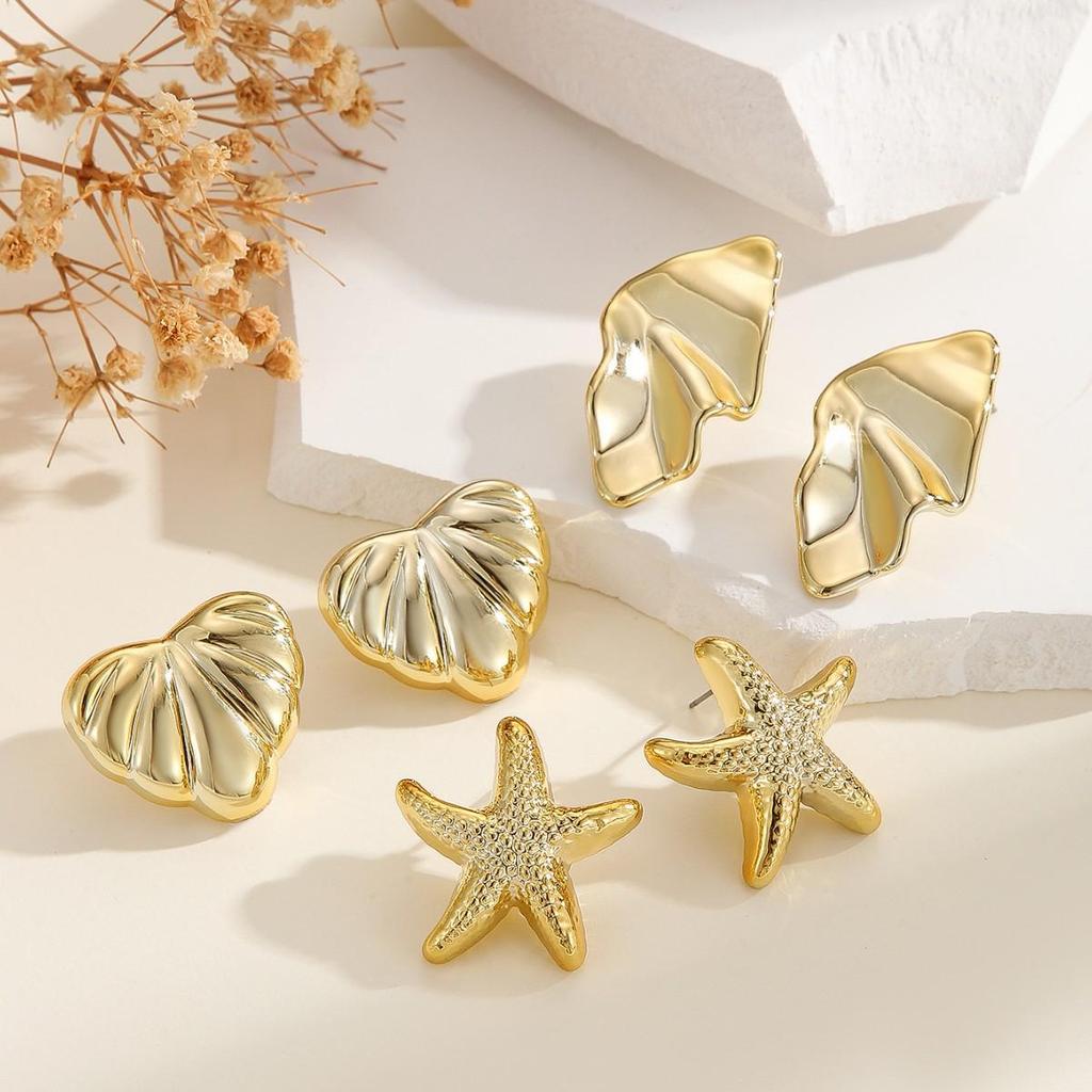 Retro Minimalist Starfish Heart 3-Piece Earring Set – Versatile Fashion CCB Hollow Design