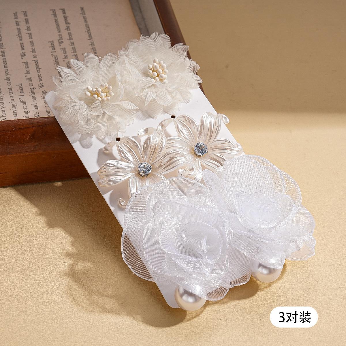 Six-piece set of European and American diamond-encrusted fabric imitation pearl flower silver needle earrings light luxury earrings