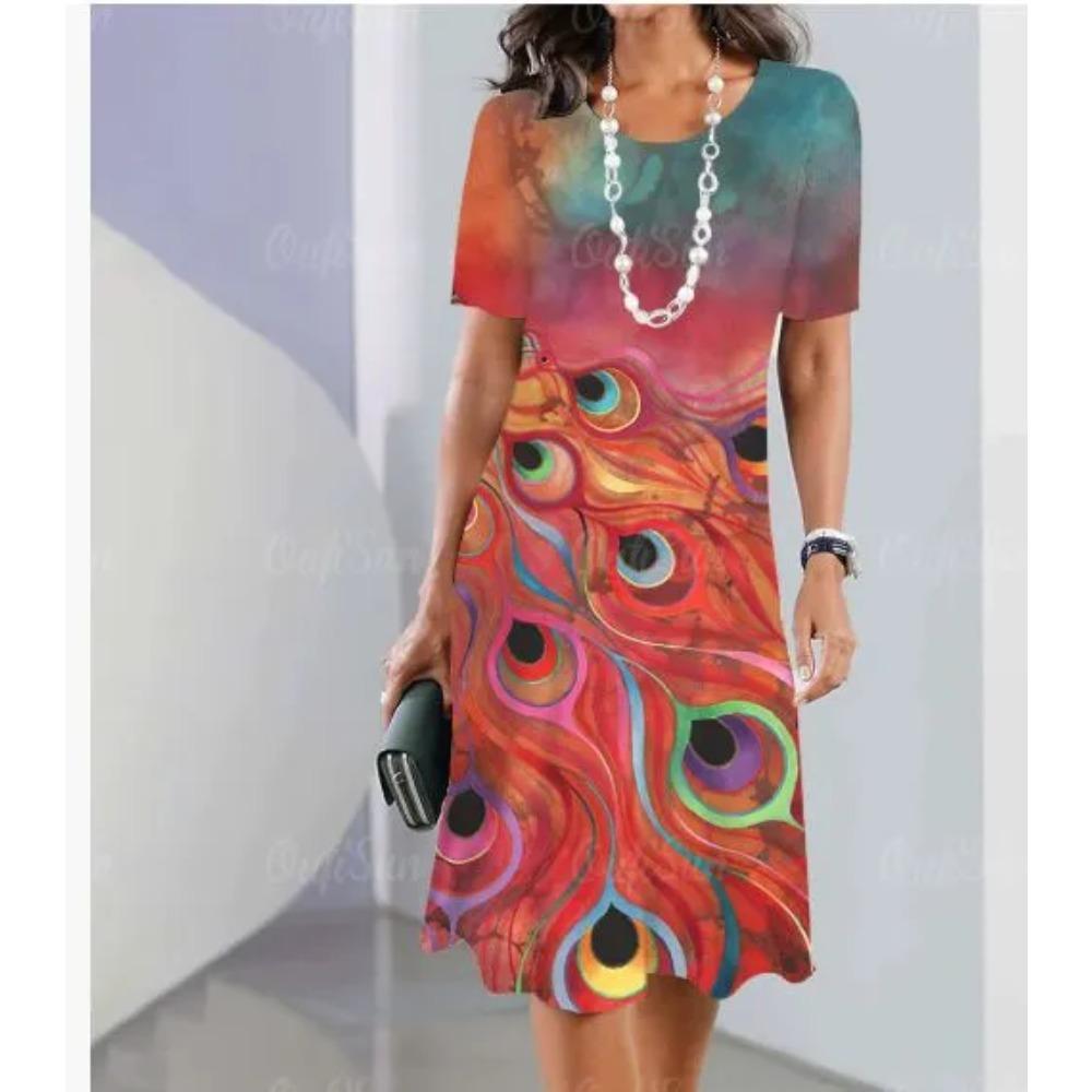 

Beautiful Retro Colorful Fashion Print Summer Loose Casual Plus Breathable Comfortable Short Sleeved Mini Women s Dress 8XL