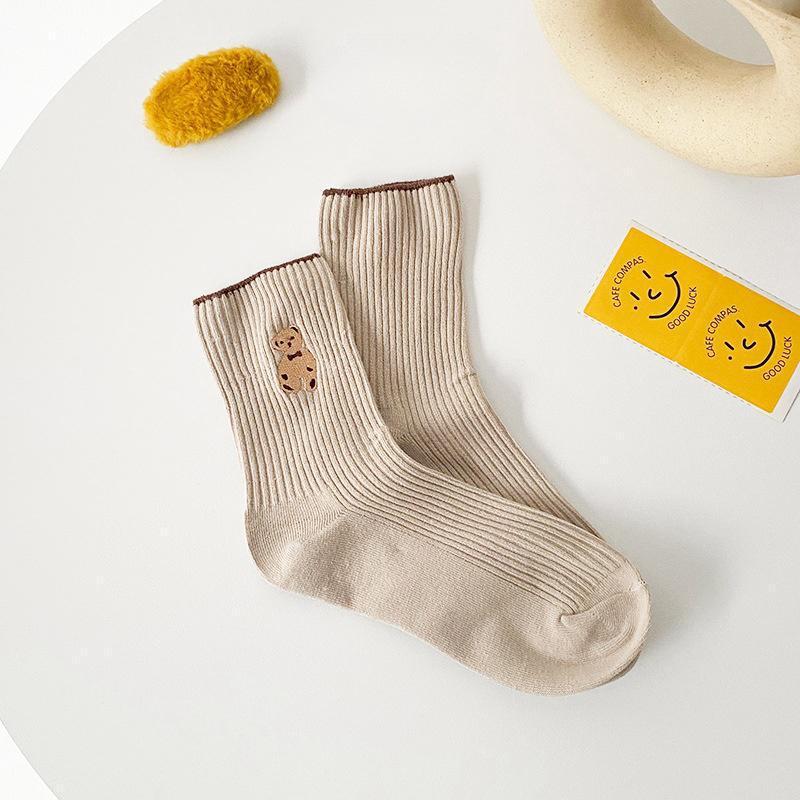 Women’s Mid-Calf Bear Socks - Japanese & Korean Style, Versatile for Spring, Autumn, Winter.