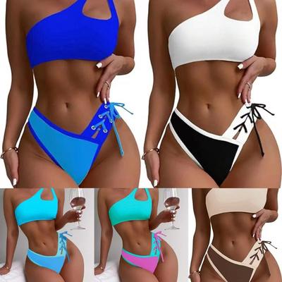 Dames Hoge Taille Bikini Set, Eén Schouder Vetersluiting Tankini Badpak Tweedelig Push-Up Zwemkleding Set