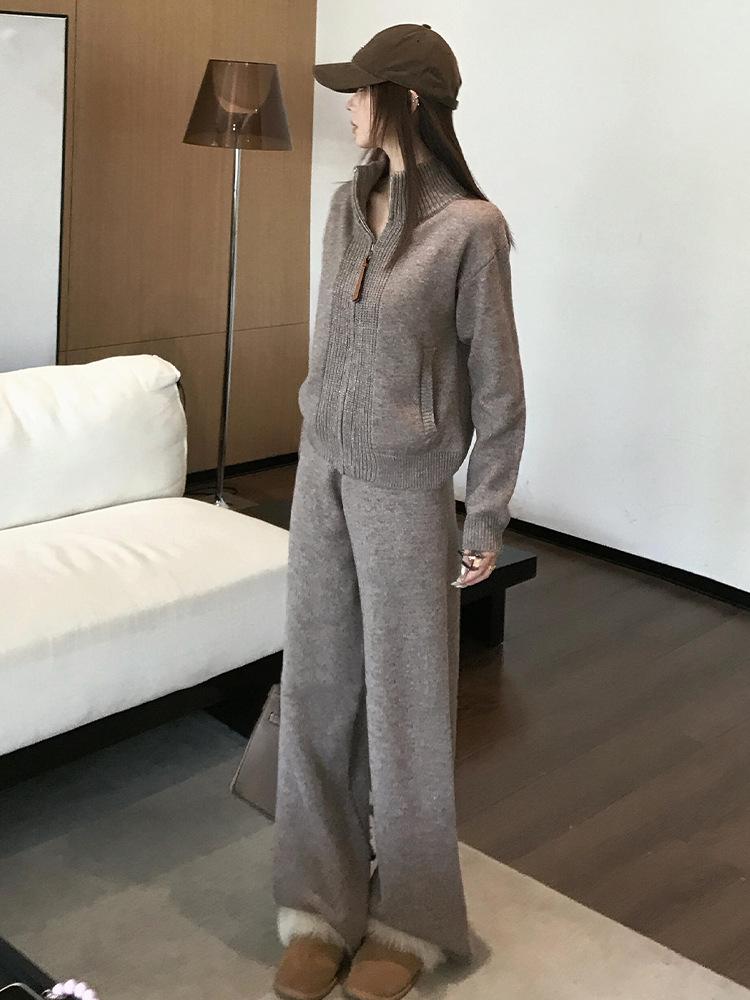Autumn & Winter Korean-Style Thick Cardigan & Wide-Leg Pants Knit Two-Piece Set