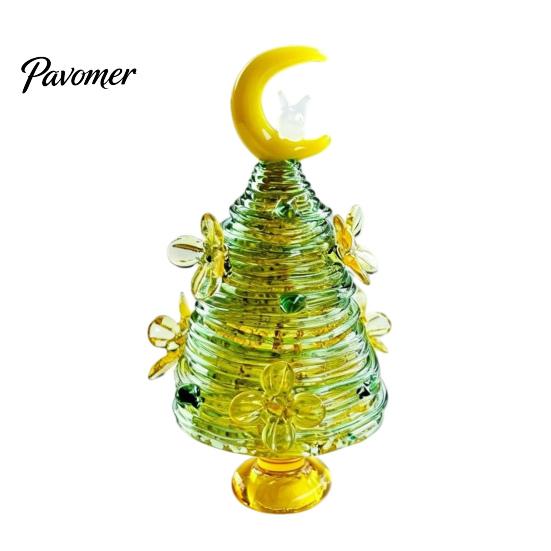 Glass Figurine for Office Glazed Christmas Tree with Star Moon Decor, Rotating Holiday Display Prop Wire Wrapped Desk Mini Tabletop Ornament,