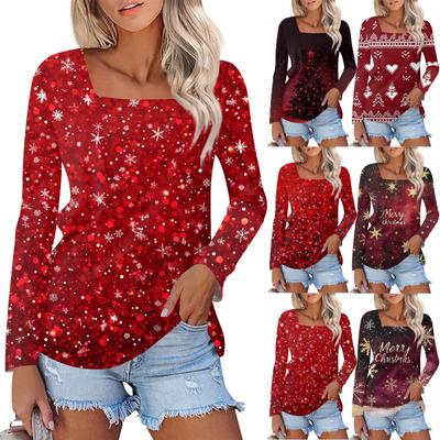 Shirt For Women's Fashion Casual Square Neck Long Sleeve Loose Christmas Printed T-Shirt Ladies Top