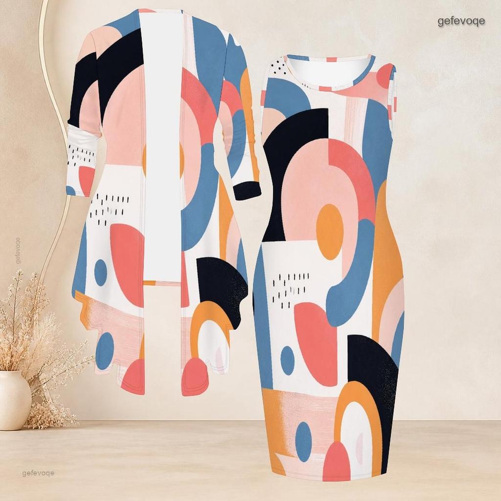 Women Plus Size Two Piece Set Printed Sleeveless Bodycon Dress Long Sleeve Open Cardigan Black Golden