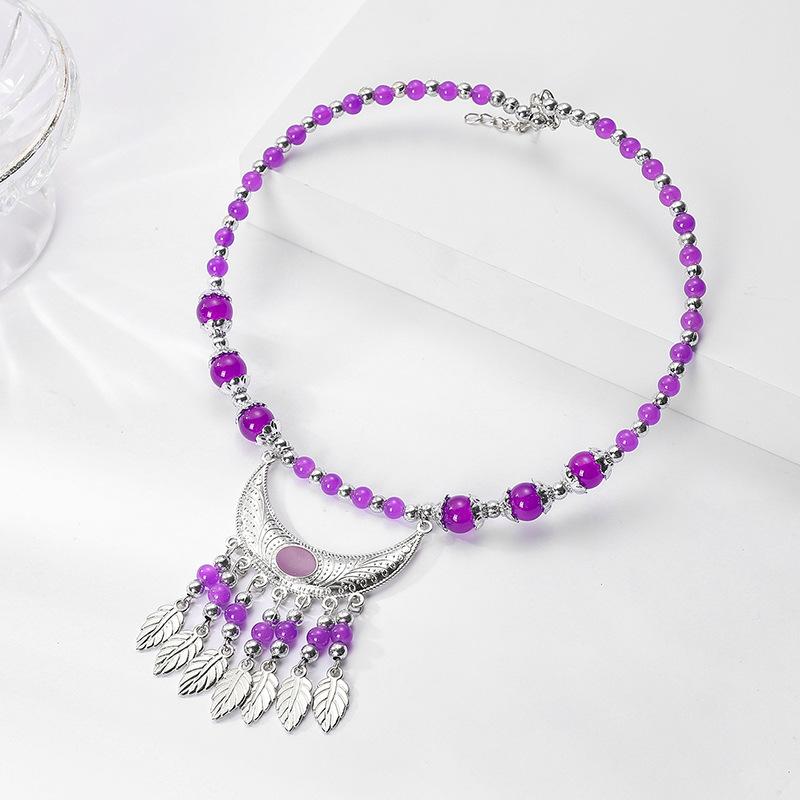 Ethnic Style Collar Necklace Ethnic Style Headdress Hair Accessories Crescent Leaf Tassel Seedling Silver Necklace Bridal Accessories