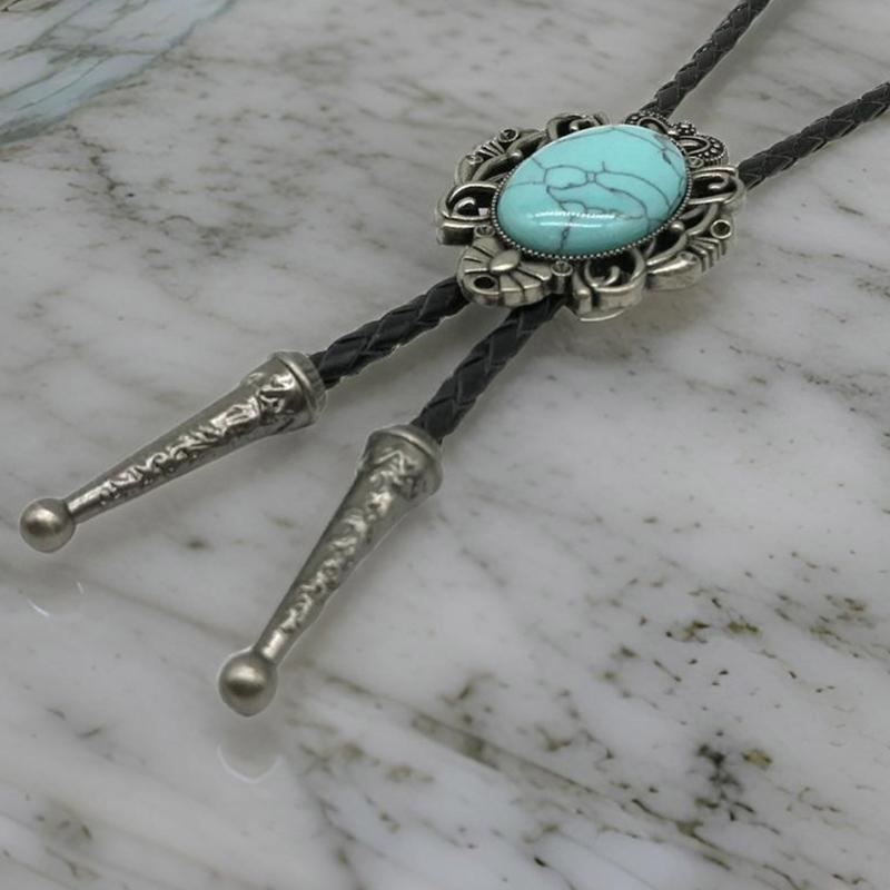 Bolo Tie Necktie Artificial Leather Braided Rope Necklace with Metal Flower Crown Stone Jewelry Cowboy Vintage Neckwear