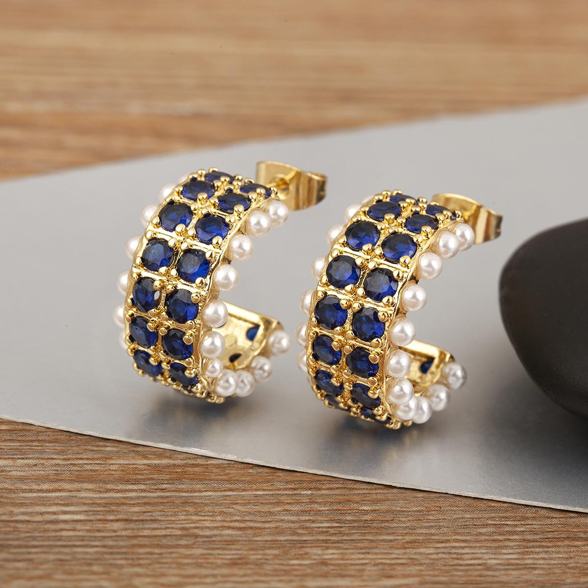 

Nidin New Fashion C Shape Inlaid Zircon Pearl Double Layer Stud Earrings For Women Female Light Luxury Ear Jewelry Birthday Gift темно-синього кольору