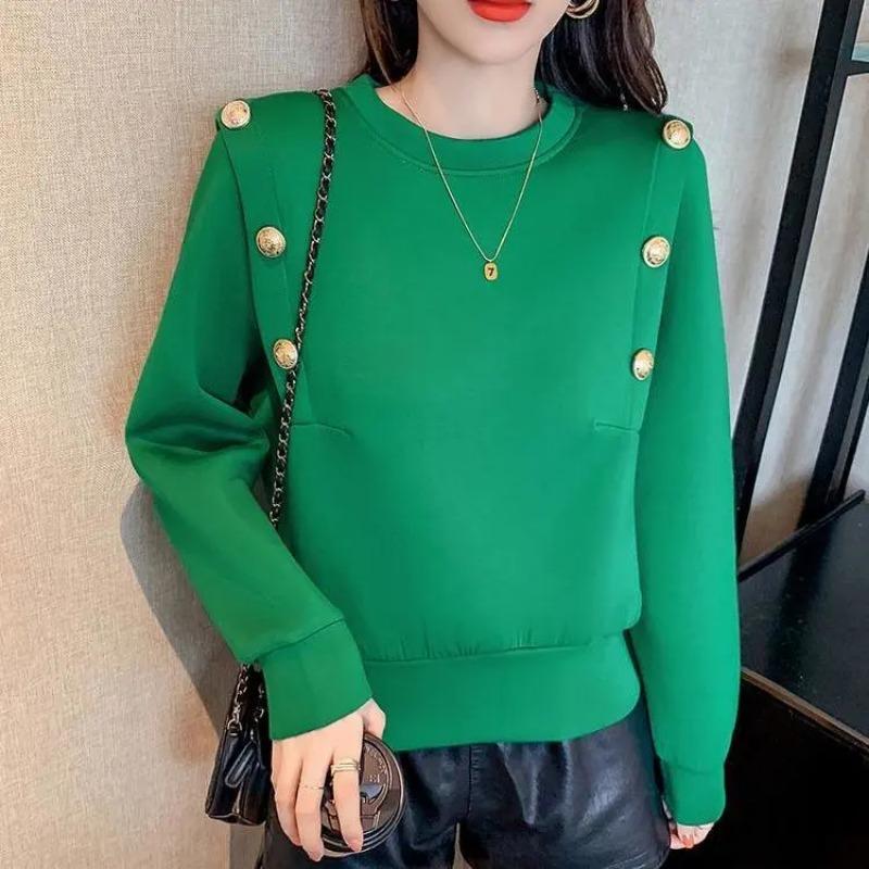 Women's Sweatshirt Autumn New Korean Style Loose Round Neck Fashion Buttoned Long-sleeved Top Hoodies