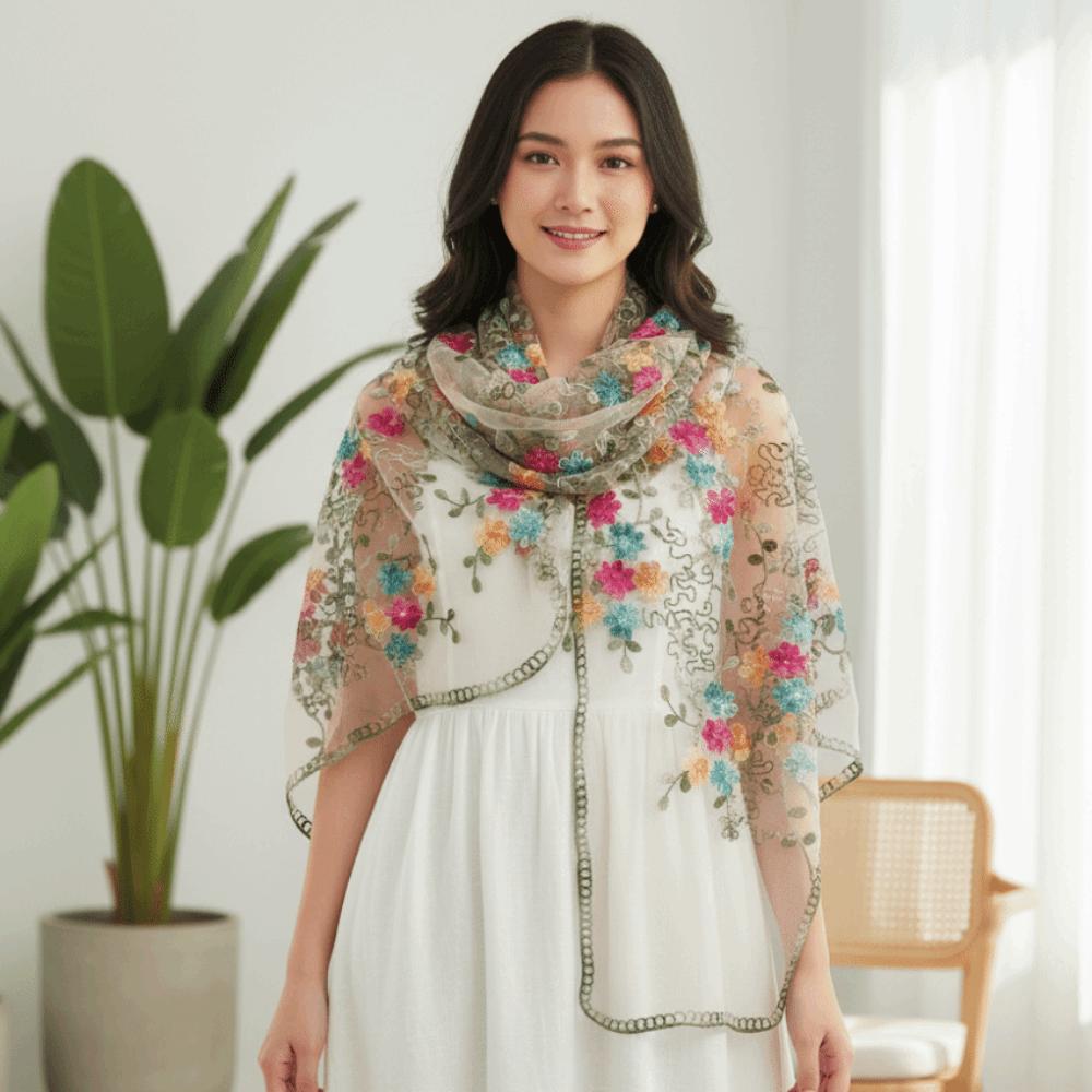 Embroidered Boho Floral Headwrap Breathable Translucent Long Lace Scarf Lightweight Scalloped Ethnic Sheer Shawl Sun Protection