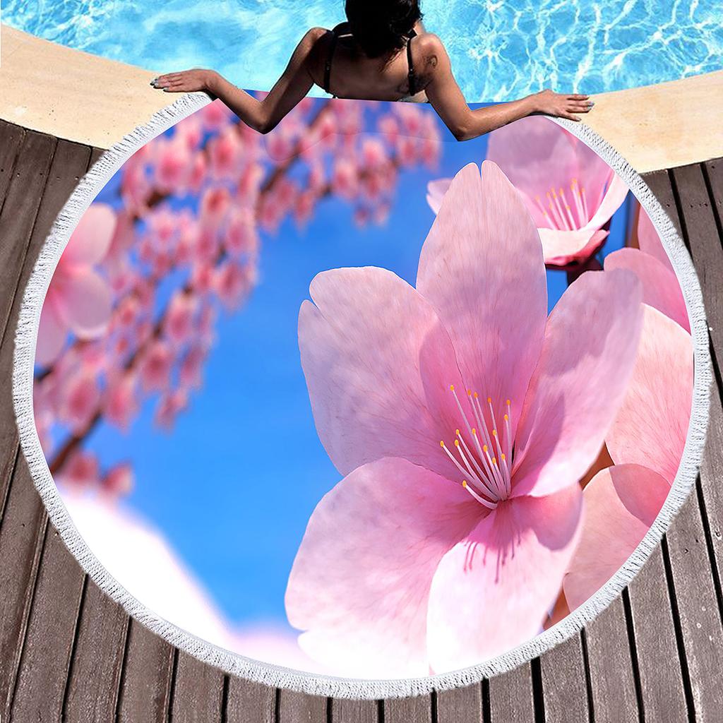 Peach Blossom Pattern Round Beach Towel, Microfiber Lightweight Beach Blanket, Soft Absorbent Quick Dry Pool Towel Picnic Mat