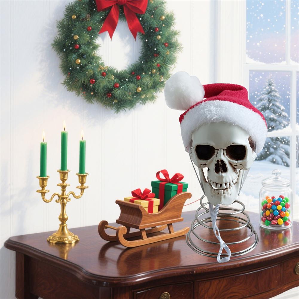 Topo de Árvore de Natal de 5 polegadas Caveira Com Chapéu de Papai Noel Ornamento de Caveira Plástica para Feriados Xmas Ornamento de Caveira Colorida Navidad Decoração