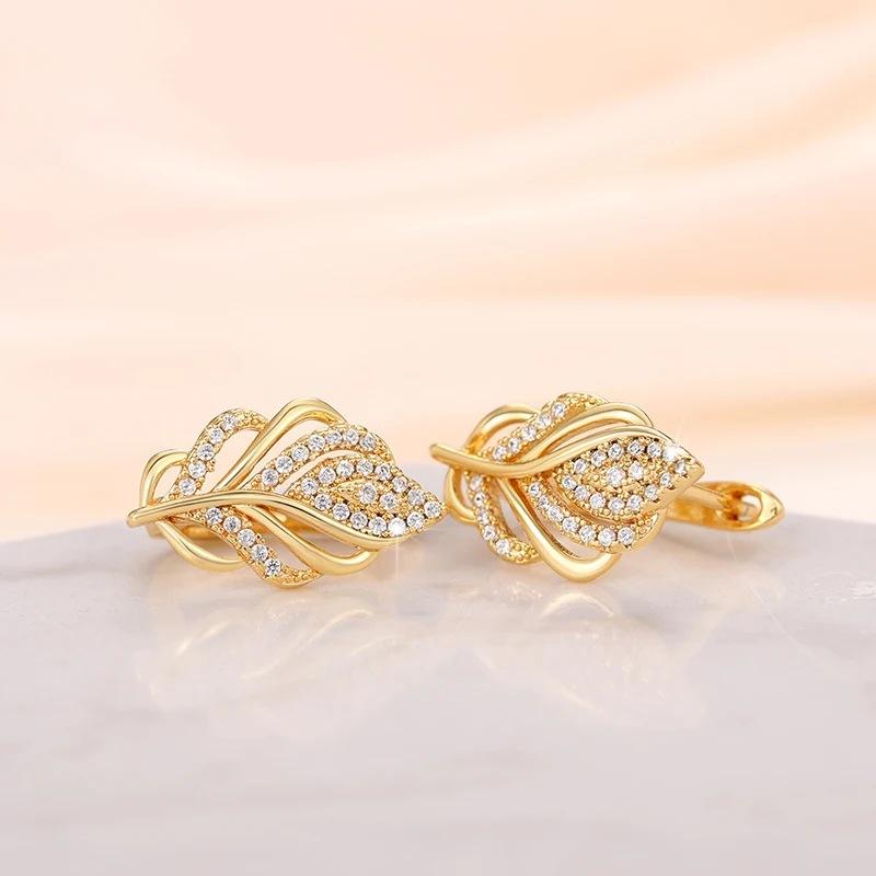 Gold Plated Feather CZ Stud Earrings, Sparkling Leaf Crystal Earrings for Women