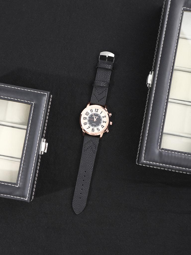 4PCS Watch Necklace Set, Business Men's Stylish Dial Quartz Calendar Watch, Luxury Men's PU Leather Watch, Ideal Gift for Me