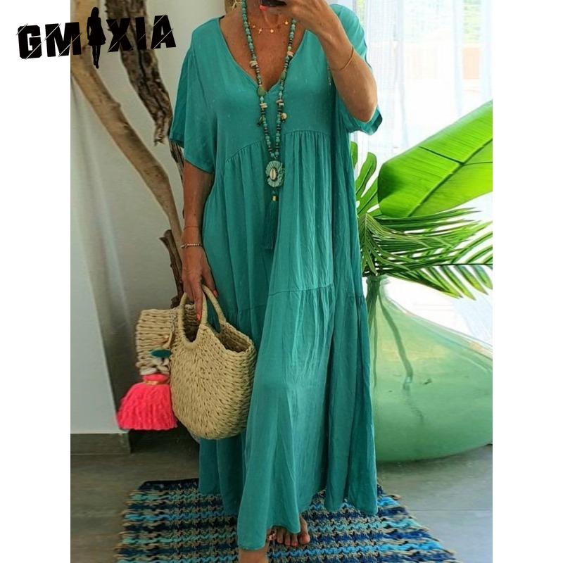 GMXIA Moda damă vară primăvară culoare uni imprimeu mâneci scurte cu decolteu în V talie înaltă rochii casual