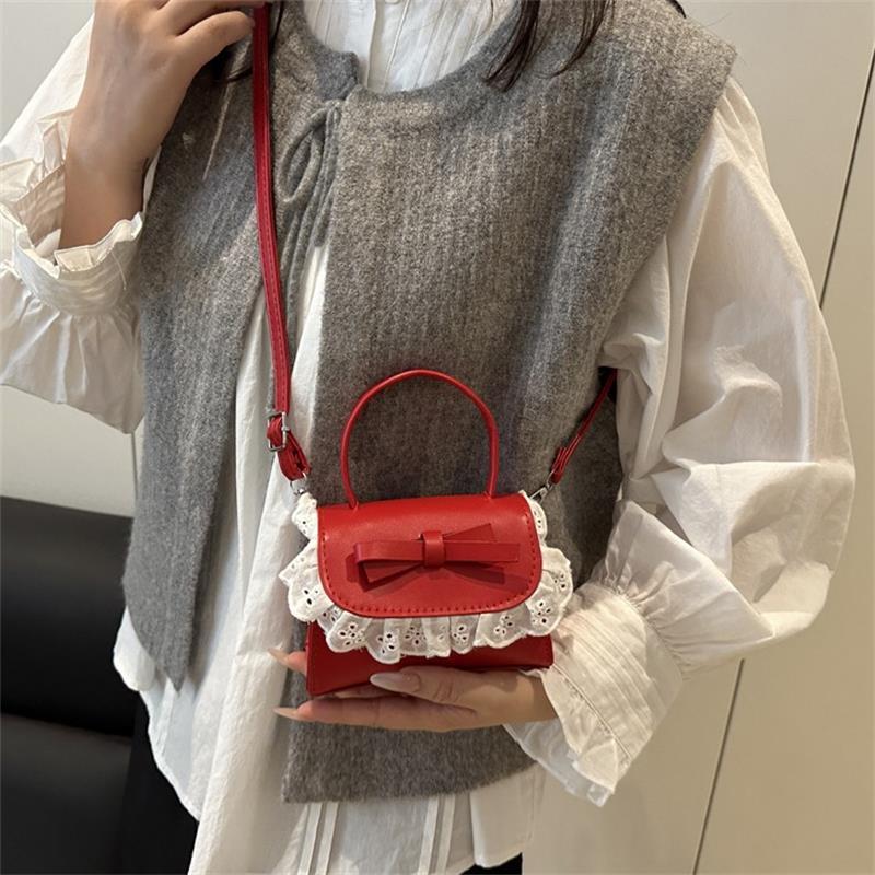 Bow Lace Pu Shoulder Bag Handbag Tote Commuter Bag Trendy All-Match Women'S Crossbody Casual Small Square Bag Girly Gift
