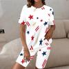 Women Plus Size Round Neck Short Sleeve Red White Blue Printed Longline Top Fitted Shorts Two Piece Set