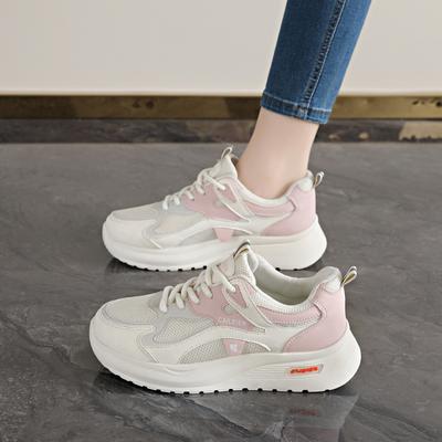 Women's Pink White Chunky Sneakers Breathable Mesh Lace-up Platform Casual Walking Shoes