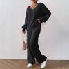 Women's  Casual Fashion Woolen Knitting Set V-Neck Loose Top + Solid Color Wide Leg Straight Pants Sweater Two Piece Set
