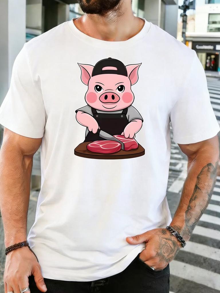 Unisexs Olive Green Crew Neck Tee Cute Pig Chef Slicing Raw Meat Art Print Loose Summer Street Casual Daily Basic Short Sleeve Top
