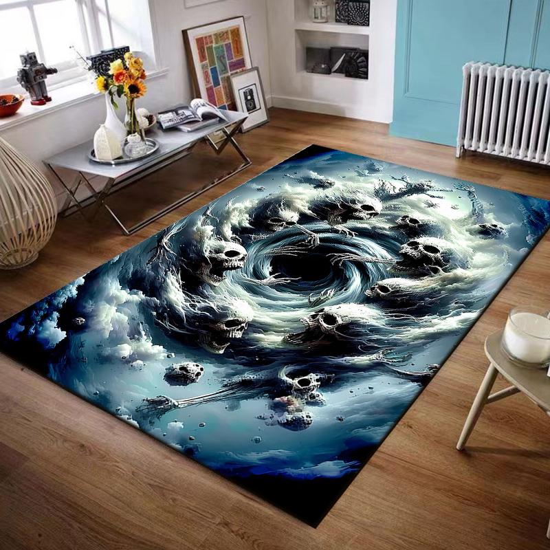 Flannel Rug Spooky Skull Vortex Ghosts Swirling Blue Teal Dark Fantasy Art Decor for Living Room Bedroom Gift for Men