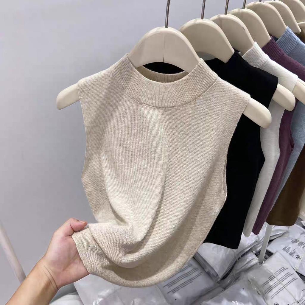 Versatile Sweater Knitted Slim Solid Color Base Layer Camisole Tank Top High Neck Short Outer Wear Sleeveless Top