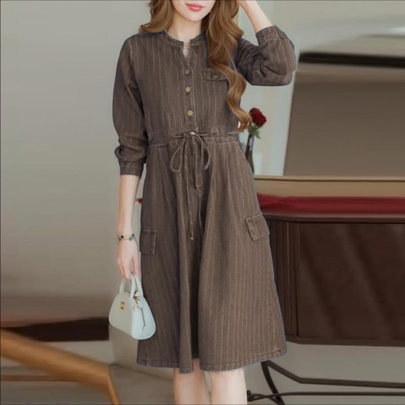 ZANZEA Women Casual V-Neck Loose 3/4 Sleeve Stripe Dress