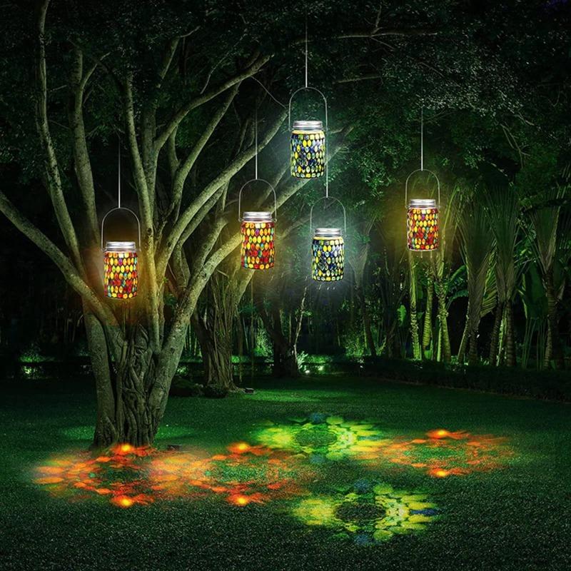 Solar Powered Mosaic Glass Mason Jar Lantern, Colorful Hanging Garden Light, Waterproof Outdoor Decor for Patio Yard