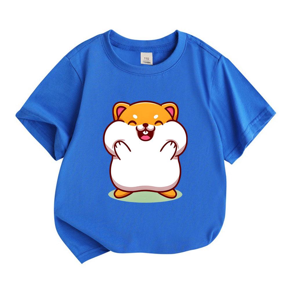 Cute Chubby Cartoon Hamster Print Kids 100% Cotton O-neck Short Sleeve T-Shirt, Casual Soft Breathable Tee for Boys Girls Comfortable Daily Summer Top