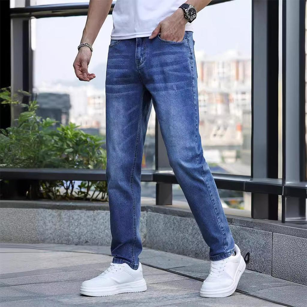 Men's Casual Small Straight Jeans Pants Fashion Wide Leg Pants Solid Color Jeans